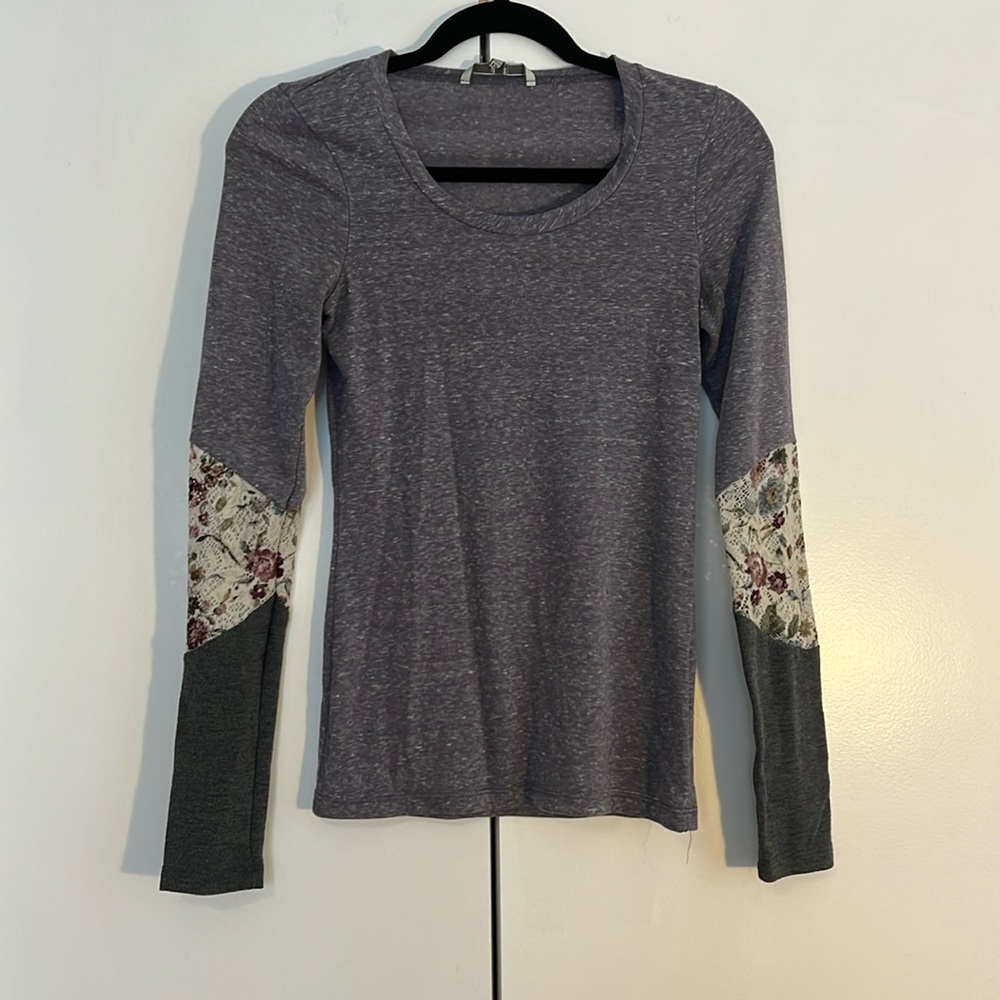 BKE Purple long sleeve with floral elbow patches